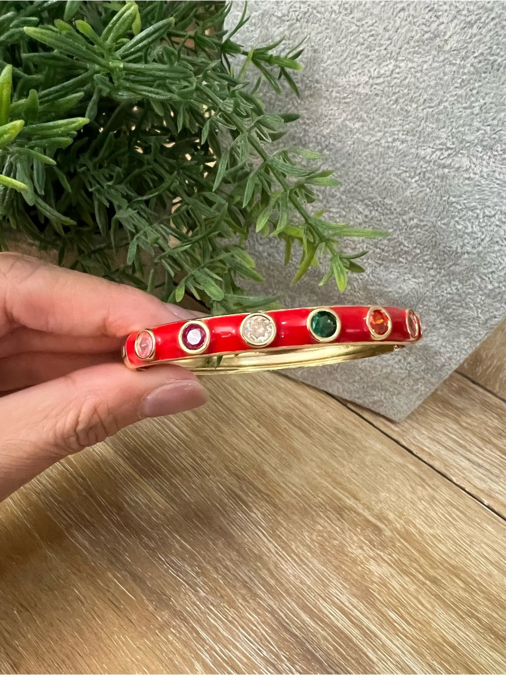 Red Enamel Bangle Bracelet with Multicolor Gem Accents